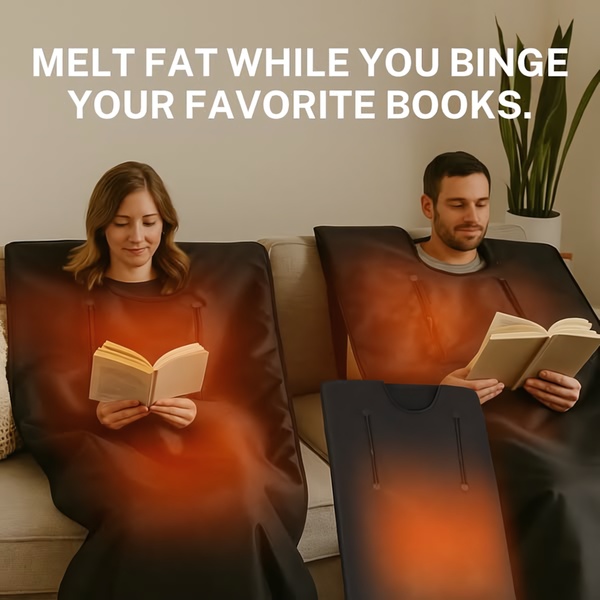 This creative shows two people relaxing on a sofa while using infrared sauna blankets, emphasizing convenience and passive results.